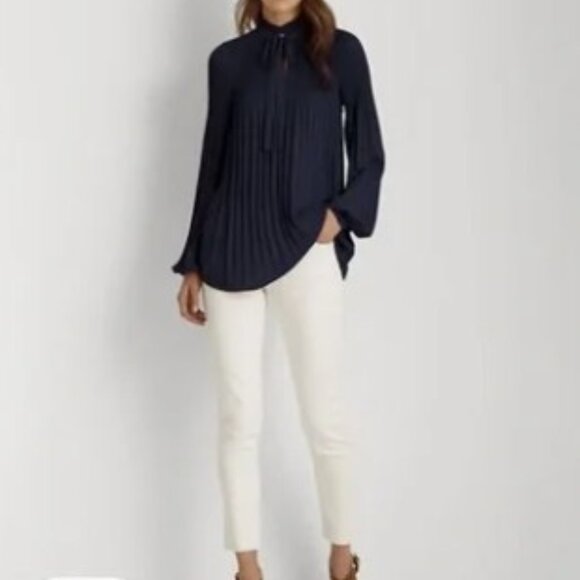 Lauren Ralph Lauren | Georgette Navy Blue Pleated Flowy Blouse Top Size Small - Picture 9 of 9